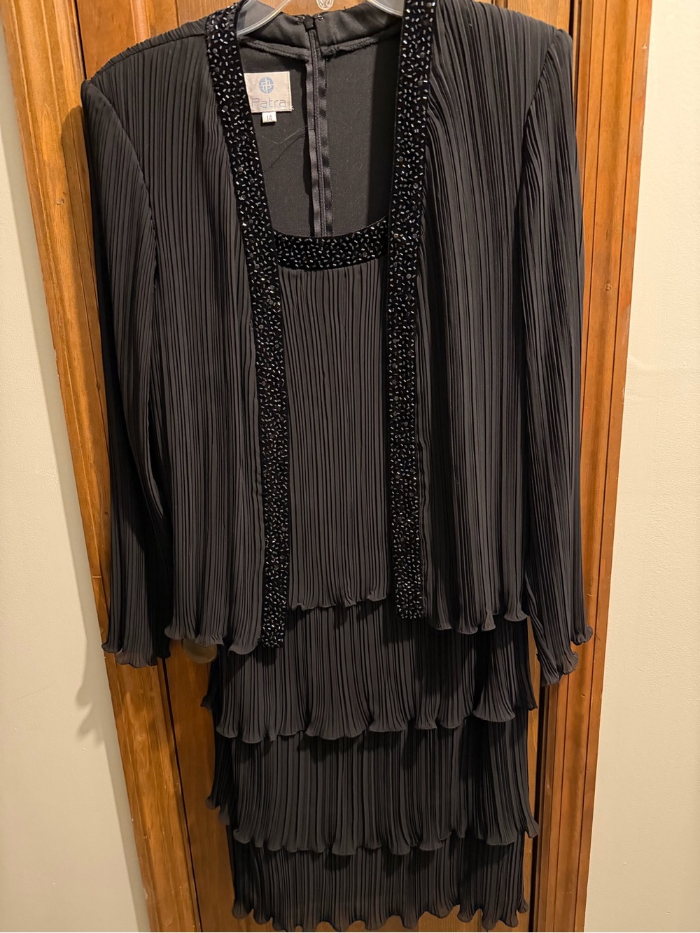 Patra Black Long Sleeve Pleated Layered Dress with Beaded Trim